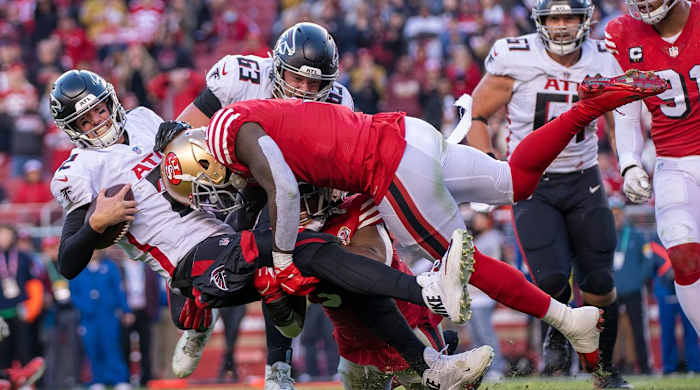 December 19, 2021; Santa Clara, California, USA; San Francisco 49ers safety Jaquiski Tartt (3) tackles Atlanta Falcons quarterback Matt Ryan (2) during the fourth quarter at Levi's Stadium.
